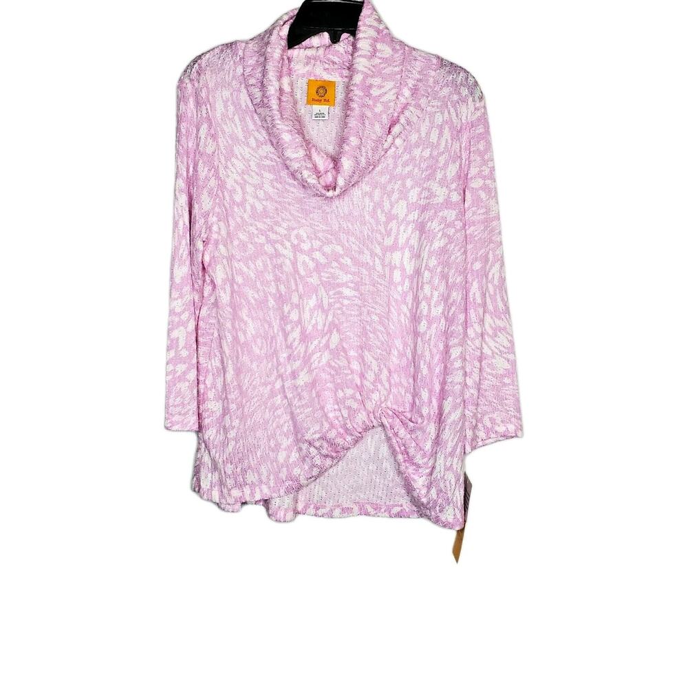Ruby Rd Womens SZ L Pink White Lightweight Cowl Neck Twist Front Top Loose Knit